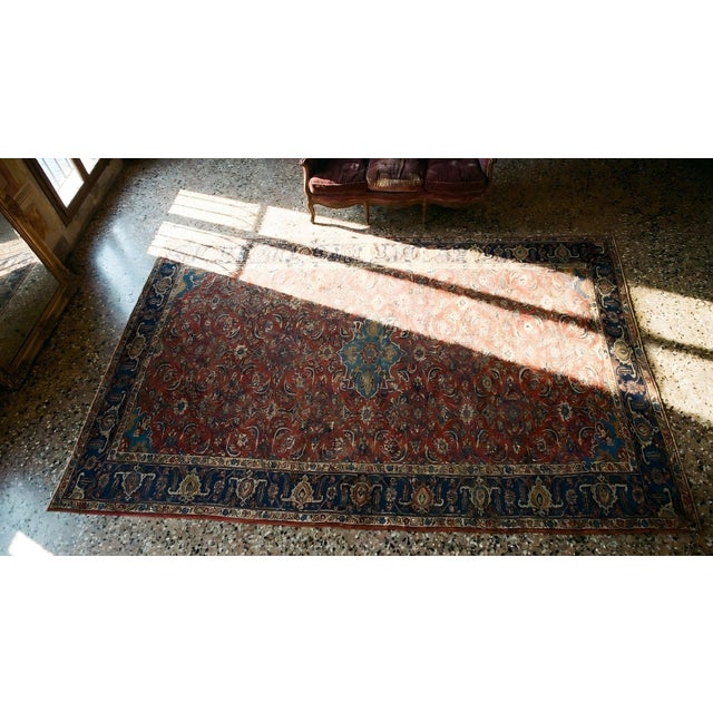 Elegant Red and Nasvy Blue Floral Antique Tabriz Rug For Sale - Image 15 of 15