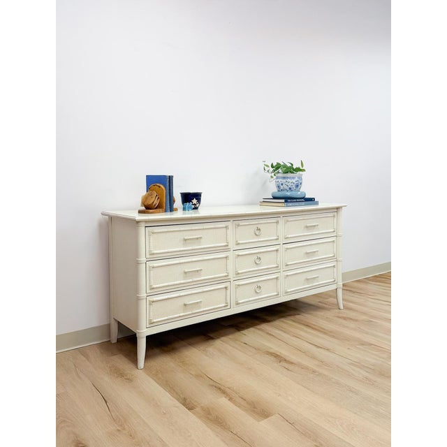 Wood Vintage Thomasville Paoletti Faux Bamboo 9 Drawer Dresser White Hollywood Regency For Sale - Image 7 of 16