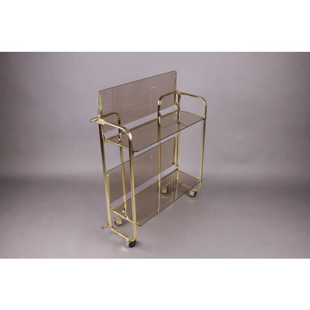 Vintage Folding Bar Cart with Smoked Glass and Gold-Colored Frame, Germany, 1980s For Sale - Image 11 of 16