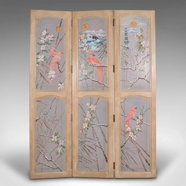 This is an antique privacy screen. An English, handpainted pine 3 panel room divider in Japanese taste, dating to the...