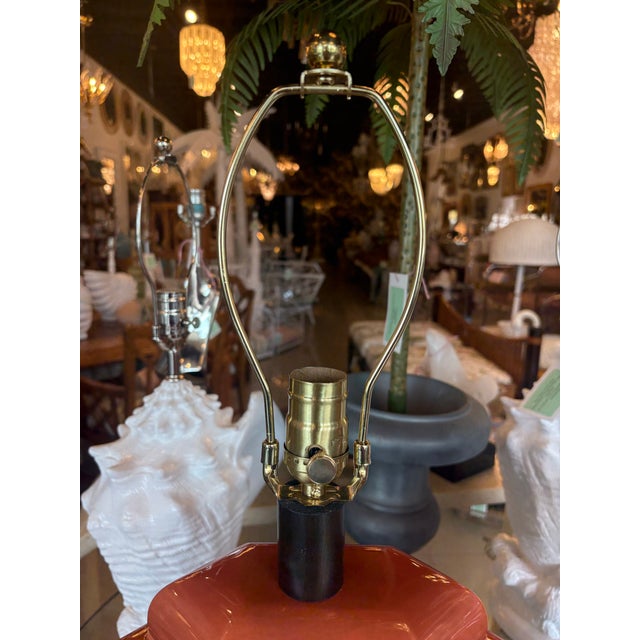 Vintage Pair of Orange Chinoiserie Ceramic Table Lamps Newly Wired For Sale In West Palm - Image 6 of 12