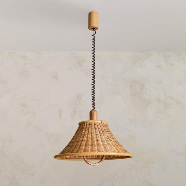 1970s French Wood + Rattan Pendant For Sale - Image 4 of 11