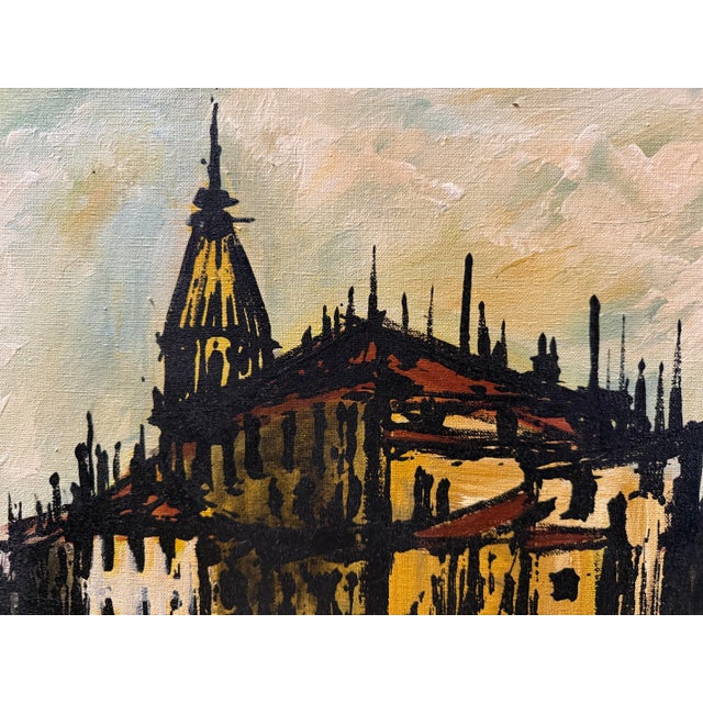 Wood Vintage Mid-Century Modern Cityscape Oil Painting by James Roberts For Sale - Image 7 of 10