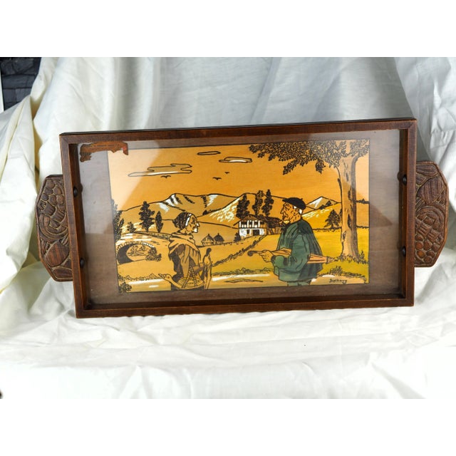 Art Deco 1920s French Art Deco Basque Jupiberry Hanging Tray With Country Mountain Landscape, Elderly Couple With Beret and Pie For Sale - Image 3 of 12