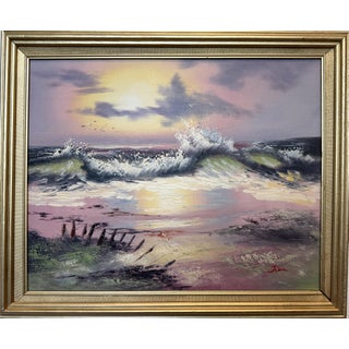 Seascape Oil Painting Signed Jian Ocean Waves Sunset, Impressionist Coastal Art For Sale