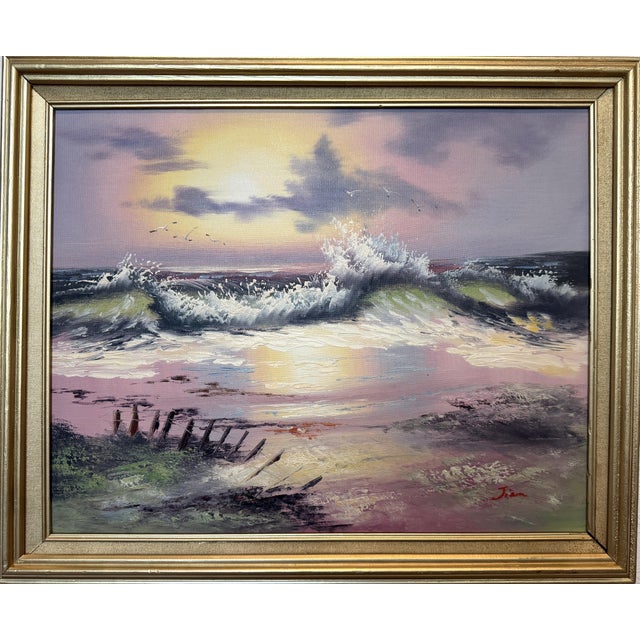 Seascape Oil Painting Signed Jian Ocean Waves Sunset, Impressionist Coastal Art For Sale
