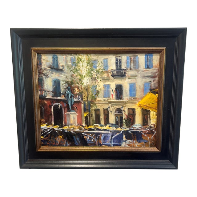 “Morning Light in a French Square” – Impressionist Oil on Board For Sale