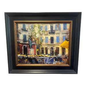 “Morning Light in a French Square” – Impressionist Oil on Board