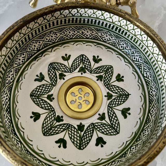 Green Small Green Sink for Bathroom, Rustic Ceramic Basin, Round Washbasin With Brass Drain For Sale - Image 8 of 8