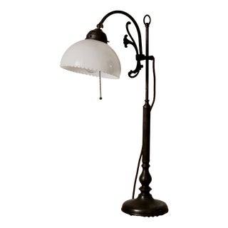French Adjustable Library Table Lamp in Patinated Bronze and Milk Glass, 1930s For Sale