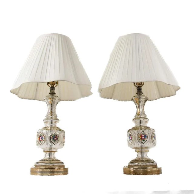 Traditional Mid 20th Century Regency Style Bohemian Cut Crystal Gilt Floral Lamps – Hand-Painted - a Pair For Sale - Image 3 of 9