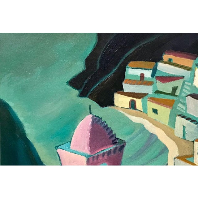 Marc Zimmerman "Nuevo Vallarta" Oil Painting, Mexican Coastal Village, Pink Tower, Teal Architecture, Contemporary Art West Coast For Sale - Image 4 of 9