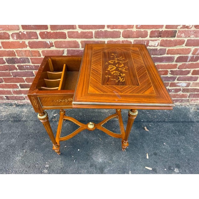 Vintage Louis XvI Style Marquetry Stretcher Base Brass Mounted Floral Inlaid Card Table For Sale In Washington DC - Image 6 of 16