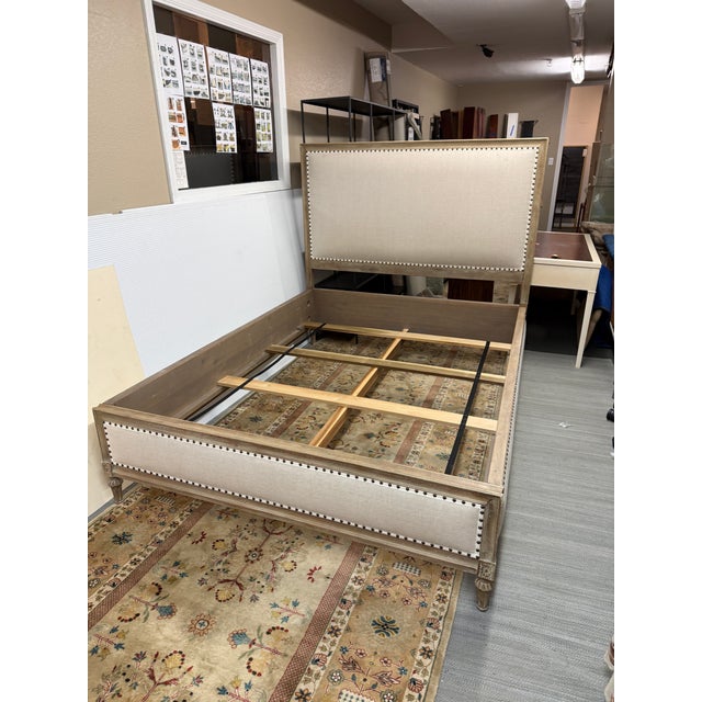Restoration Hardware Queen Size Restoration Hardware Maison Fabric Panel Bed Frame, Antique Oak Finish For Sale - Image 4 of 12