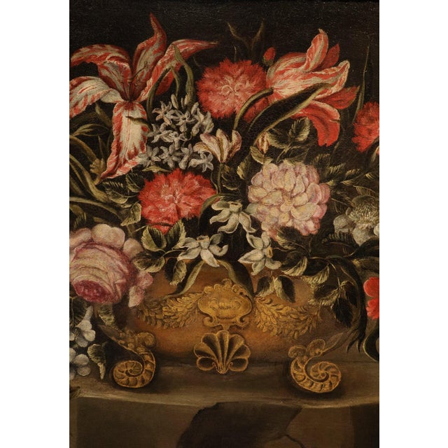 Maestro dei Vasi a Grottesche, Flower Composition in a Renaissance Vase, 17th Century, Oil Painting on Canvas, Framed For Sale - Image 6 of 15