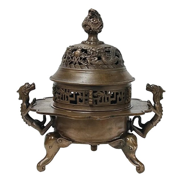 Vintage Bronze Metal Tri-Leg Ding Shape Incense Burner Display Art For Sale