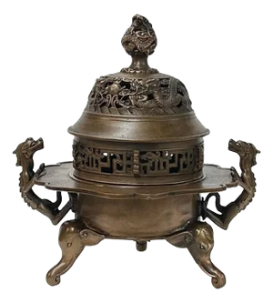 Vintage Bronze Metal Tri-Leg Ding Shape Incense Burner Display Art