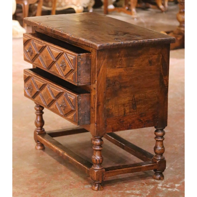 Wood 19th Century Spanish Walnut Two-Drawer Chest With Diamond-Pattern Carving For Sale - Image 7 of 12