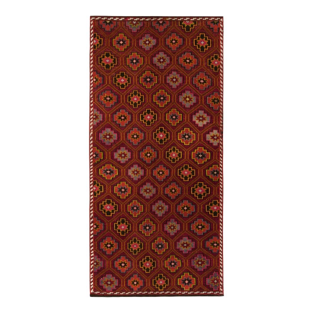 Vintage Chaput Kilim Rug in Red, Gold & Brown Geometric Honeycomb Pattern For Sale