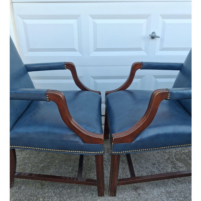 Timeless Elegance: The Hancock & Moore Blue Leather Armchair Pair Elevate your executive study, library, or formal living...