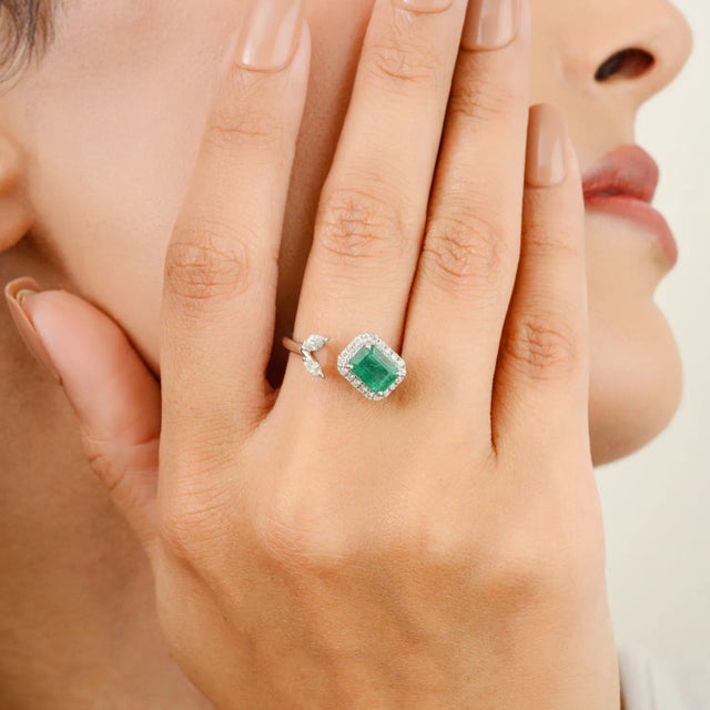 14k Handcrafted Emerald Diamond Open Cuff Wedding Ring Size 6.5 For Sale - Image 4 of 11