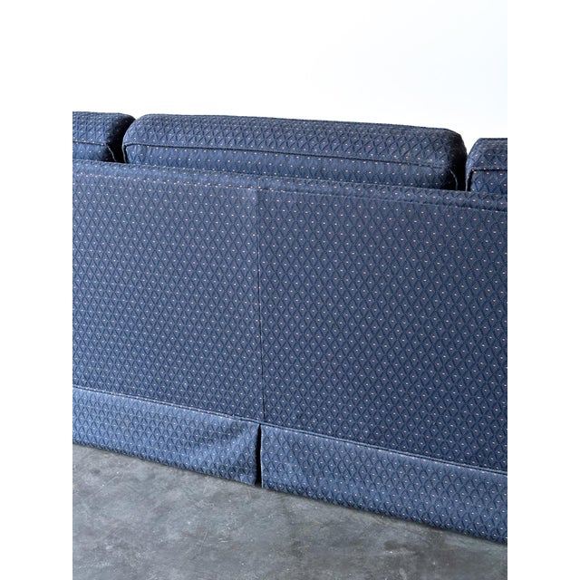 1960s Vintage Mid-Century Navy Jacquard Skirted Tuxedo Sofa For Sale - Image 14 of 18