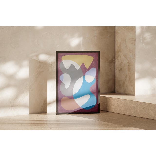 2026, Mid Century Modern Painting, Floating Organic Shapes in Playful Tones, Mauve Background, Acrylic on Paper For Sale In Miami - Image 6 of 8