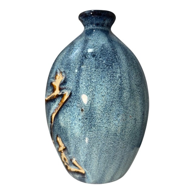 Japanese style Tokkuri studio pottery vase with blue glaze and raised calligraphy design. Handcrafted ceramic art pottery...