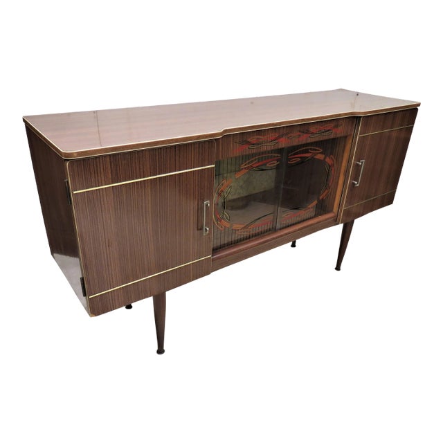 English Mid Century Formica Cocktail Sideboard With Stenciled Glass For Sale