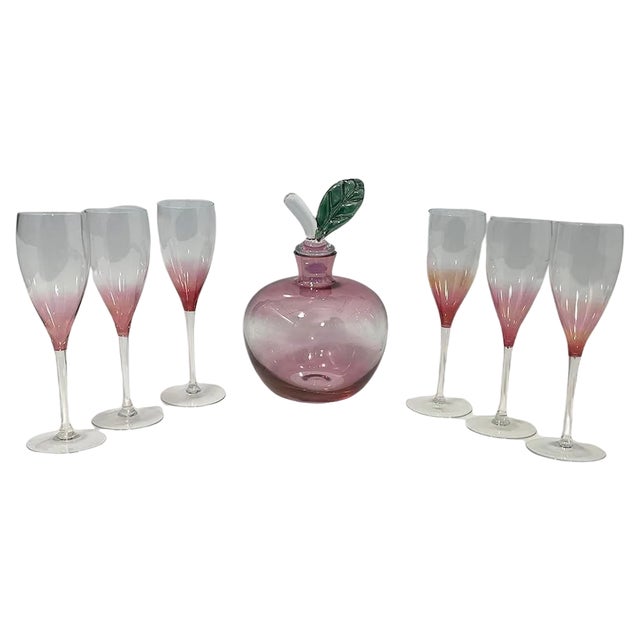 Polish Art Glass Decanter and Glasses attributed to Krosno, Set of 7 For Sale