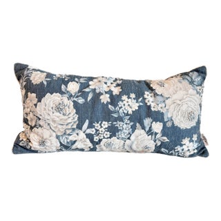 Blue & White Floral Lumbar Accent Pillow, 26”x 12”– Cottage Chic Decorative Cushion For Sale