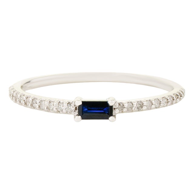 14k Gold Natural Baguette Blue Sapphire Diamond Stacking Thin Band Ring Size 6 For Sale