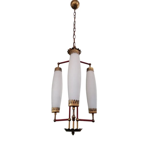 1950s Brass and Opaline Glass Chandelier, 1950s For Sale - Image 5 of 5
