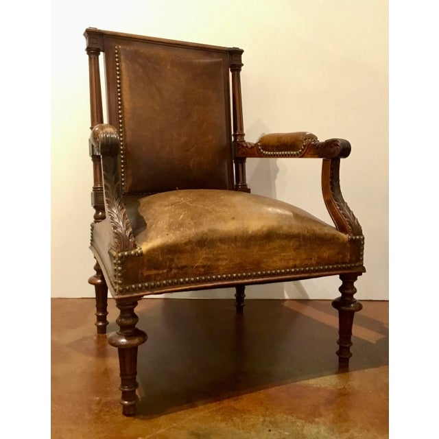 Wood Antique Carved Wood Brown Leather Arm Chairs - a Pair For Sale - Image 7 of 12