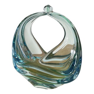 Vintage Mouth-Blown Murano Glass Trinket Bowl / Basket in Aqua For Sale