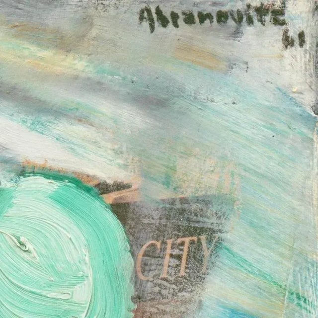 Oil and paper assemblage abstracted seascape comprised of layers of cut and torn paper with printed patterns, images, and...