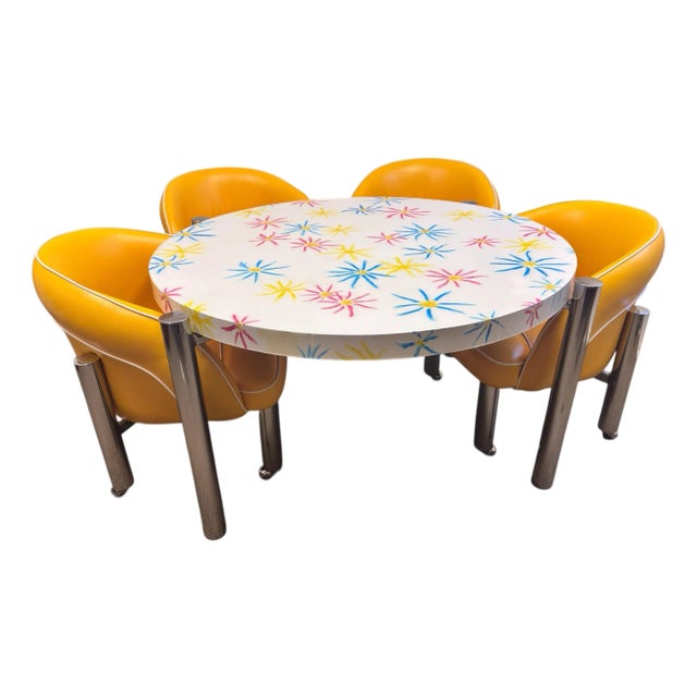 Vintage 1960’s-70’s Retro Dinette Set With Yellow Barrel Back Chairs For Sale