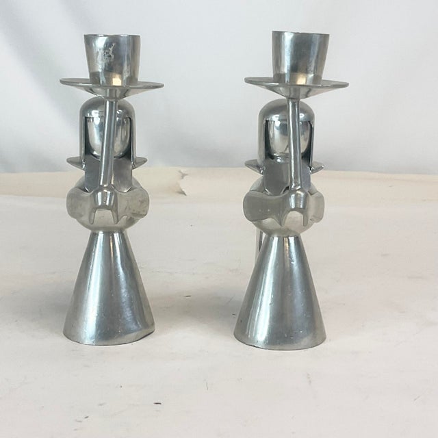 1980s Vintage Boho Chic Arts & Crafts Pewter Christmas Angel Candle Holders - A Pair. For Sale - Image 4 of 10