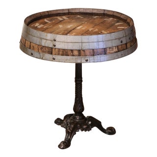 Early 20th Century French Polished Iron Pedestal Table With Oak Wine Barrel Top For Sale