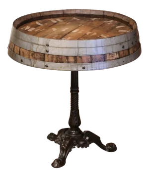 Early 20th Century French Polished Iron Pedestal Table With Oak Wine Barrel Top