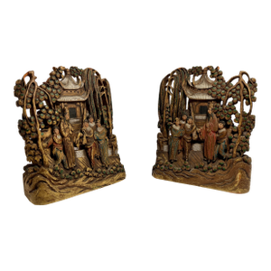A Pair of Antique Late Qing Dynasty Chinese Handcarved Wood Bookends