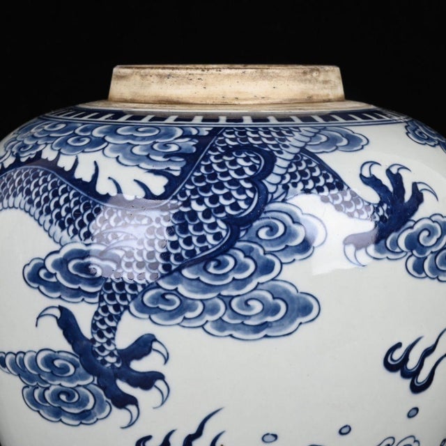 Vintage Blue and White Porcelain Lidded Jar With Dragon and Carp Motif For Sale In Los Angeles - Image 6 of 8