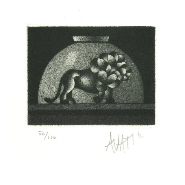 Lion in Bowl - Original Etching on Paper by Mario Avati - 1960s 1960s For Sale
