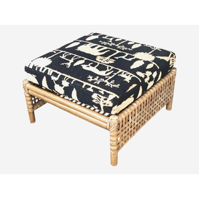 McGuire 1980s McGuire Thebes Rattan‑Weave Ottoman, Natural Satin Finish, 5" Needlepoint Cushion For Sale - Image 4 of 13