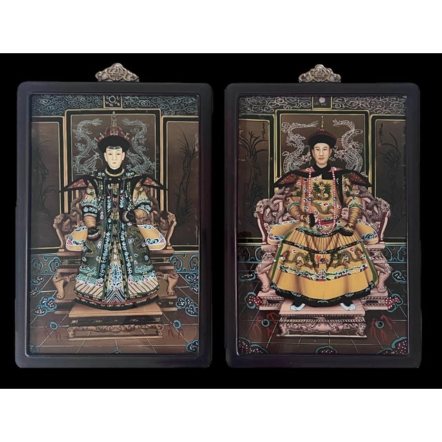 Reverse Painted Chinese Qianlong Emperor & Empress (Nobles) Rosewood Framed Ancestor Paintings - A Pair For Sale - Image 12 of 13