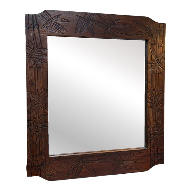 Carved Wood Bamboo/Leaf-Frame Wall Mirror For Sale