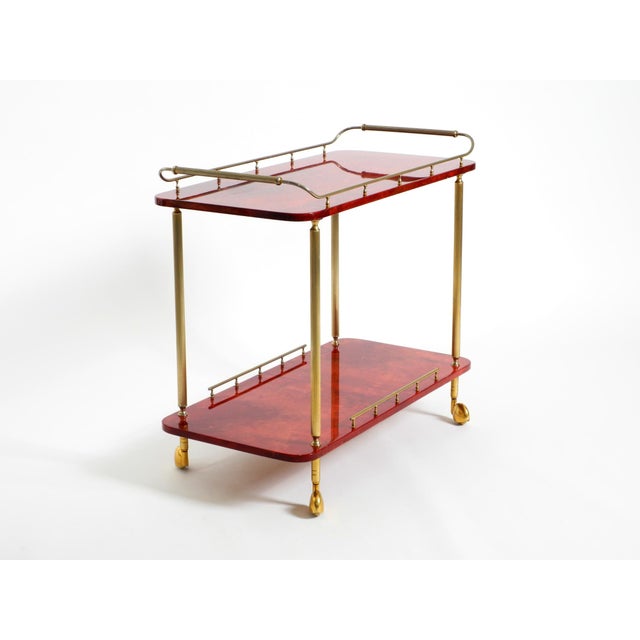 Large Vintage Red Goatskin Serving Bar Cart by Aldo Tura, 1960s For Sale - Image 4 of 18