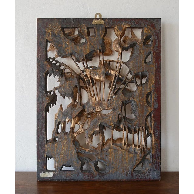 Vintage Chinese Gilded Hand-Carved Wood Relief Panel of Birds and Flowers For Sale - Image 11 of 12
