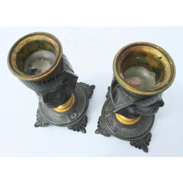 Metal Egyptian Revival Bronze Candlesticks - a Pair For Sale - Image 7 of 9