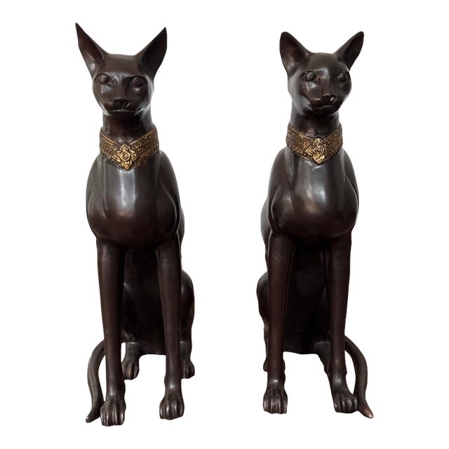 1970s Pair of Bronze Egyptian Bastet Cat Sculptures by A.Tiot For Sale